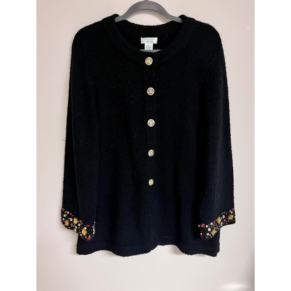 Vtg Laura Ashley Womens 1X Black w/ Embellished Sleeves Holiday Party Christmas